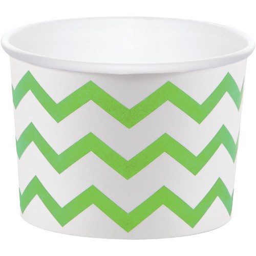 White paper treat cup with bright green zigzag chevron pattern, round shape.