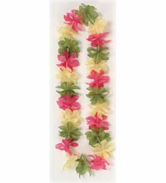 36-inch lei necklace with alternating pink, yellow, and green fabric flowers for festive wear.