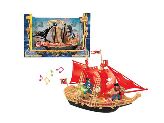 Red-sailed pirate ship playset with detailed wooden hull and two pirate figurines onboard.