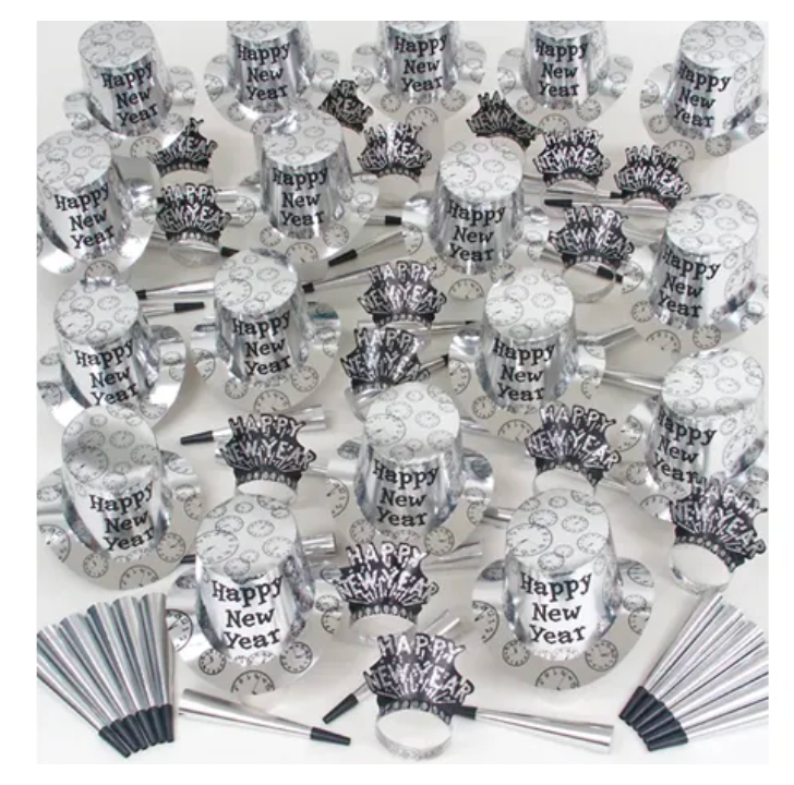 Silver and white party hats, blowouts, and noisemakers with "Happy New Year" text and star designs, arranged for 100 guests.