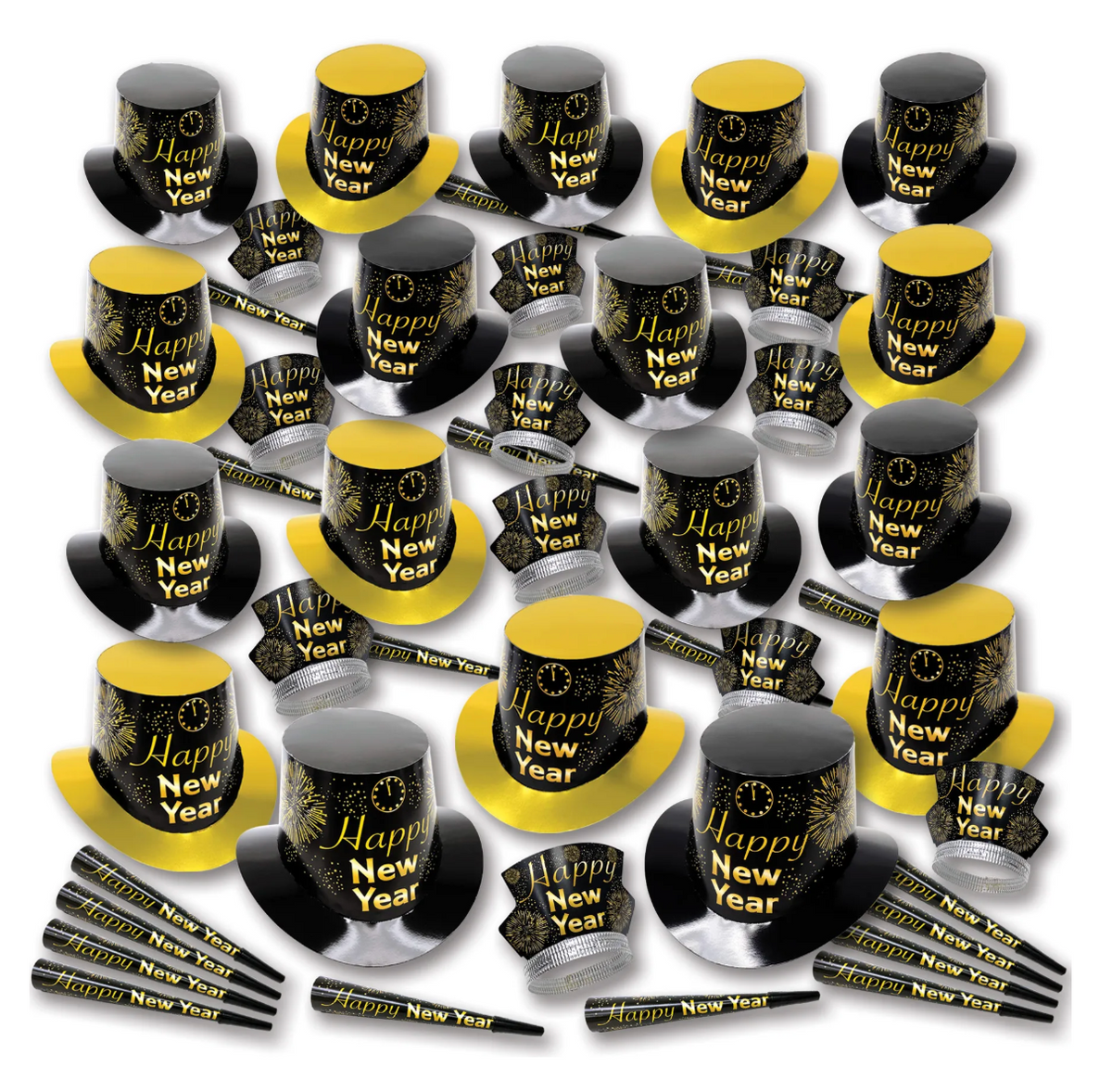 Black and gold top hats with "Happy New Year" text, matching noisemakers, and party blowers arranged for celebration.