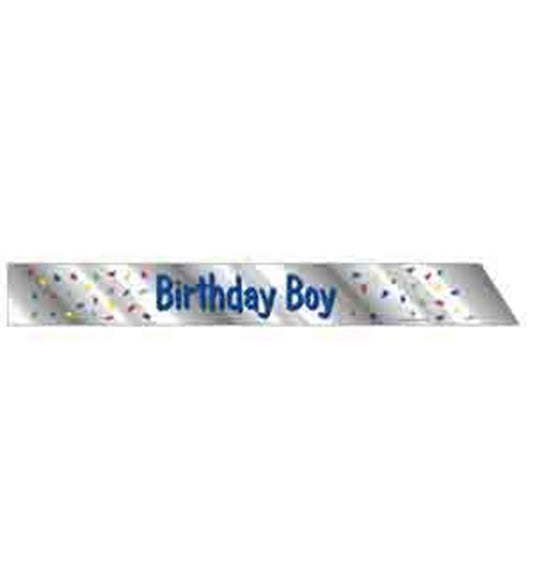 White satin sash with colorful confetti prints and blue "Birthday Boy" text.