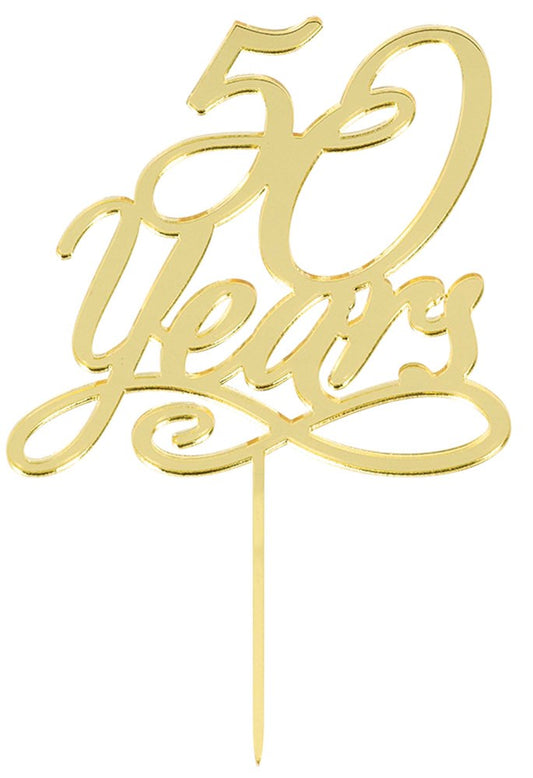 Gold glitter "50 Years" script cake topper with a single pointed stake for insertion.