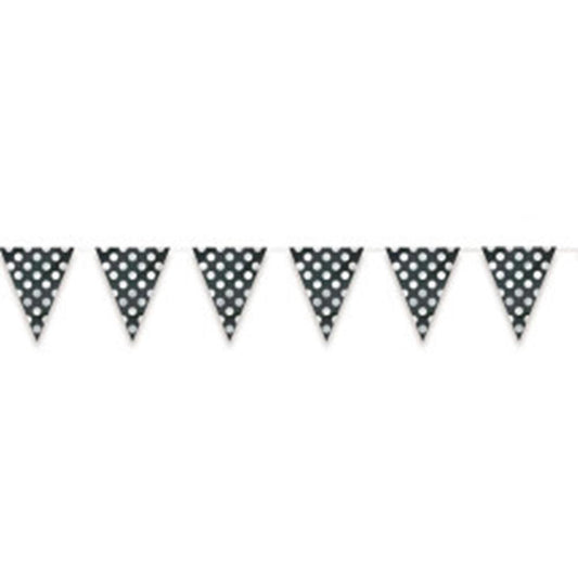 Black triangular flag banner with evenly spaced white polka dots on a string.