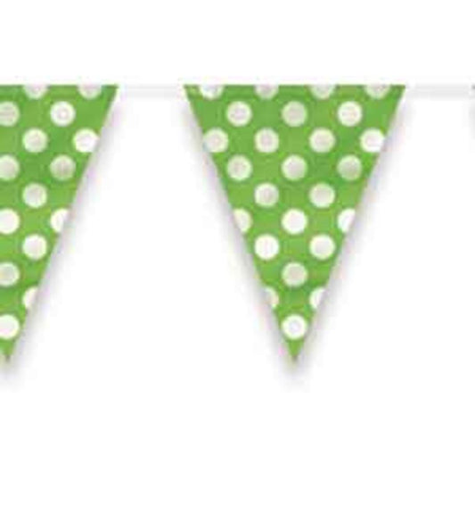 Lime green triangular flag banner with large white polka dots hanging on a white string.