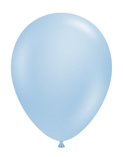 Pearlized sky blue 5-inch latex balloon with smooth, shiny surface and rounded teardrop shape.