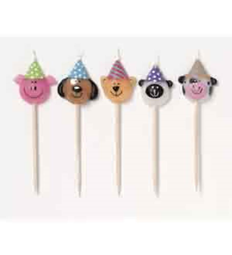 Set of five animal head birthday candles with colorful party hats on wooden sticks.