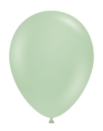 Light green 11-inch round latex balloon with a tied end and glossy finish.