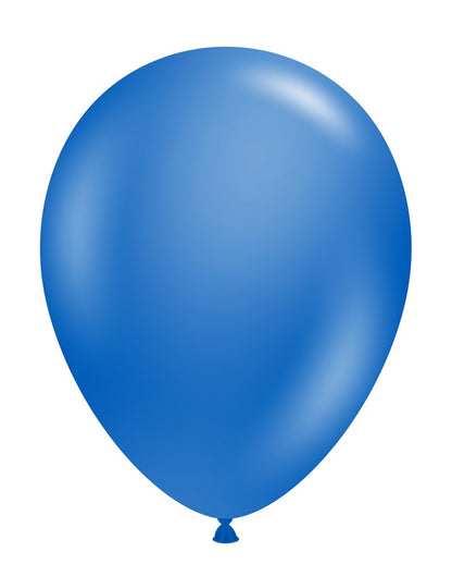 Metallic blue 11-inch latex balloon with smooth, shiny surface and rounded teardrop shape.