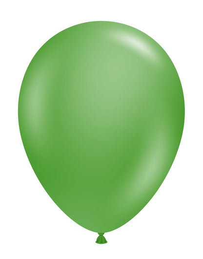 Shiny metallic green 11-inch latex balloon with a smooth surface and tied end.