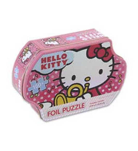 Pink Hello Kitty-shaped foil puzzle box featuring Hello Kitty's face with a red bow and yellow nose, labeled "Hello Kitty.