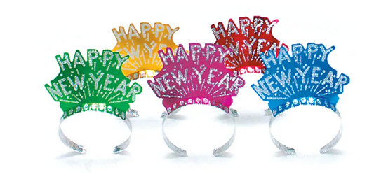 Set of six glittery plastic tiaras in assorted bright colors with "Happy New Year" text designs.