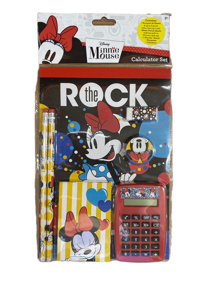 7-piece Minnie Mouse calculator set with red calculator, themed notebook, and pencils in colorful Disney design.