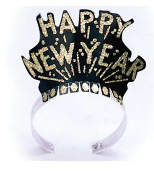 Black plastic tiara with gold glitter "Happy New Year" lettering and decorative accents.