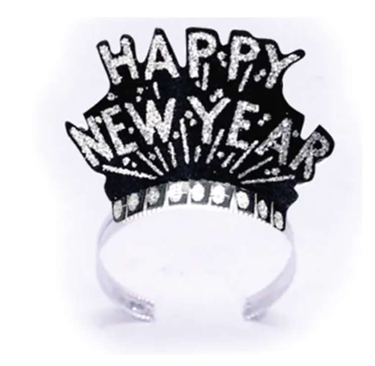 Black plastic tiara with silver glitter lettering spelling "Happy New Year" and decorative silver dots at the base.