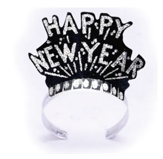 Black plastic tiara with silver glitter lettering spelling "Happy New Year" and decorative silver dots at the base.