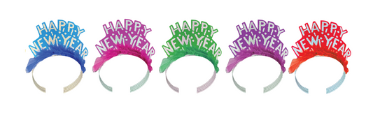 Five colorful plastic Happy New Year tiaras in blue, pink, green, purple, and red with matching feathers attached on white.