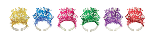Assorted glittered Happy New Year tiaras in gold, blue, pink, green, purple, and red with metallic fringe and white.
