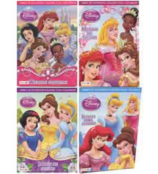 Four colorful Disney Princess jumbo coloring books featuring popular princesses like Snow White, Ariel, Belle, Cinderella,.