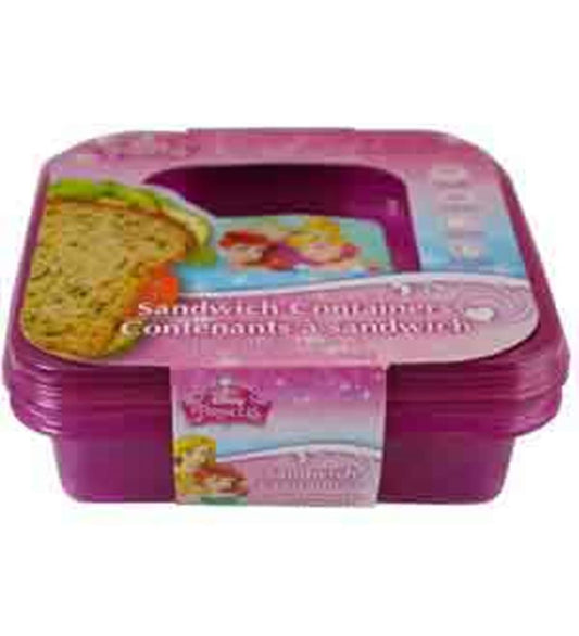 Purple square plastic sandwich container with Disney princess design on lid, 5.5x5.5x2 inches.