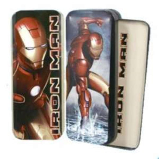 Rectangular metal pencil case featuring detailed Iron Man illustrations and bold "Iron Man" text on a black background.
