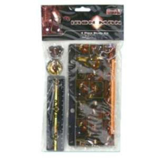 Iron Man-themed 4-piece study kit with pencil, ruler, sharpener, and eraser in red, gold, and black colors.