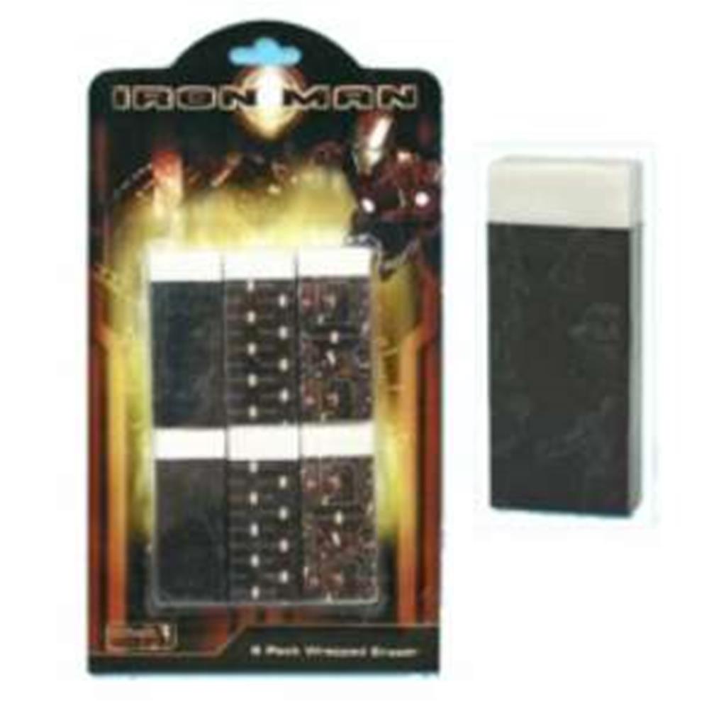 Six rectangular black erasers with white tops in Iron Man-themed packaging, plus one eraser shown separately.