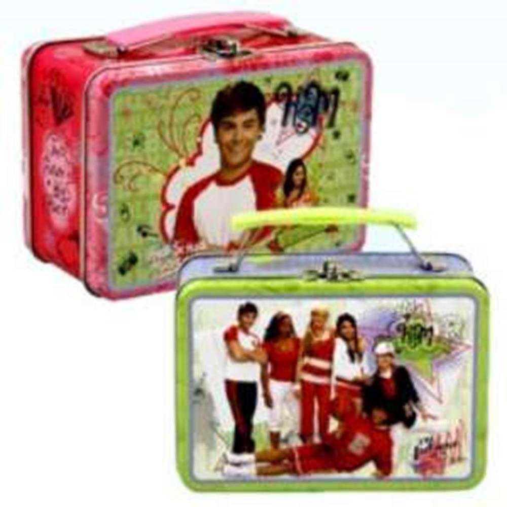 Small rectangular metal lunchbox with red trim featuring High School Musical cast and green handle Small rectangular metal.