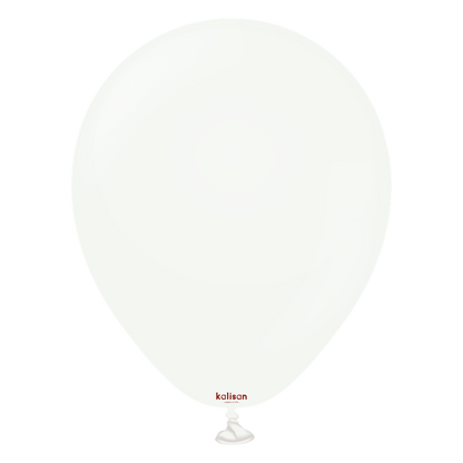 White 5-inch round latex balloon with small red Kalisan logo near the tied end.