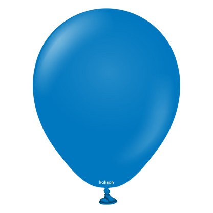Bright blue latex balloon inflated, 5-inch size with a tied knot at the bottom and small white "kalisan" logo near the knot.