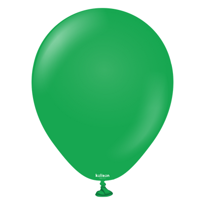 Glossy green latex balloon inflated, standard round shape, tied at the bottom.