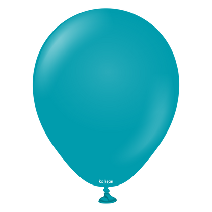 Bright turquoise latex balloon inflated, 5-inch size with a smooth, shiny surface and knotted end.