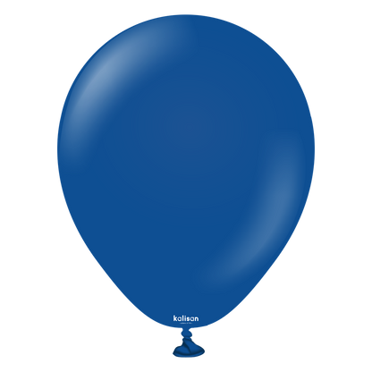 Dark blue 5-inch round latex balloon with a tied neck and small white logo near the base.