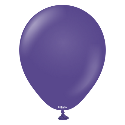 Round violet latex balloon with a smooth surface and tied end, 5-inch size.