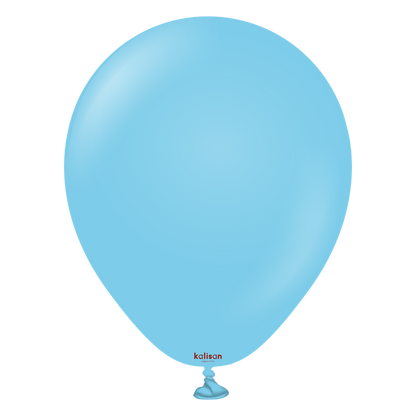 Round baby blue latex balloon inflated, 5-inch size with a tied neck.