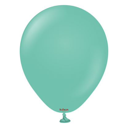 Sea green latex balloon inflated to 5 inches with a smooth shiny surface and small tied end.