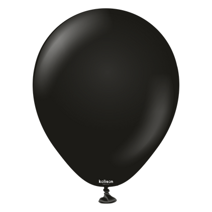 Glossy black 5-inch latex balloon with a tied end and small white "kalisan" logo near the base.