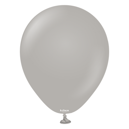 Glossy grey latex balloon inflated and tied at the bottom, 5 inches in size.