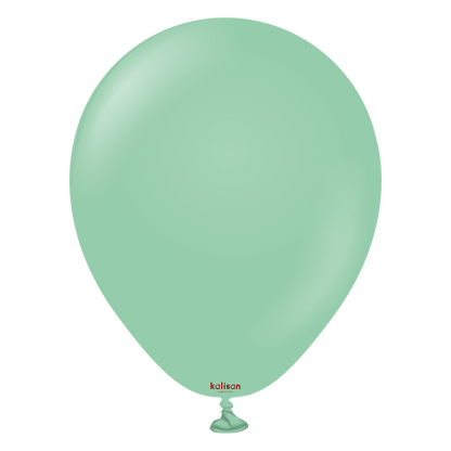 Mint green latex balloon with a smooth surface and rounded teardrop shape, tied at the bottom.