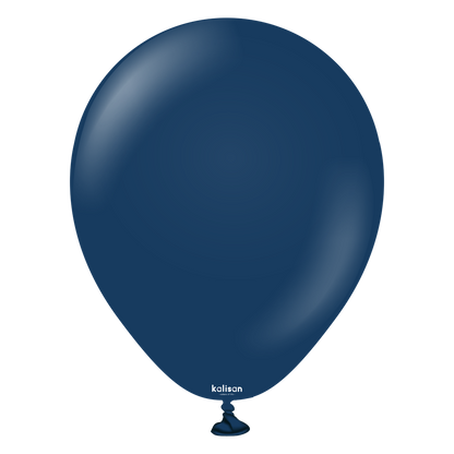 Navy blue 5-inch latex balloon inflated with smooth surface and tied end.