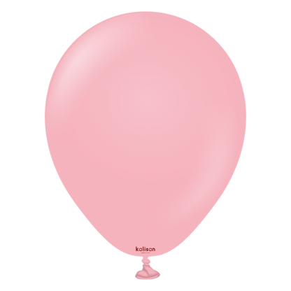 Glossy flamingo pink latex balloon inflated to 5 inches with a round shape and small tied end.