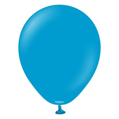 Caribbean blue 5-inch round latex balloon with glossy finish and knotted end.