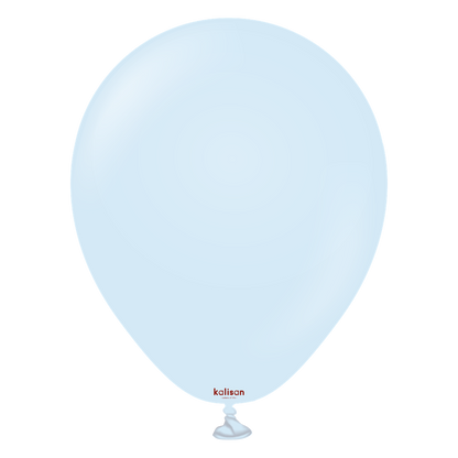 Light baby blue 5-inch round latex balloon with a small red logo near the tied end.