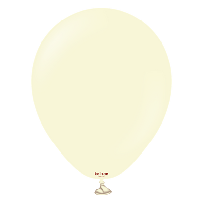 Pale yellow 5-inch round latex balloon with a shiny surface and tied end.