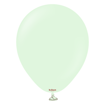 Pale green latex balloon inflated to 5 inches with a glossy finish and tied end.
