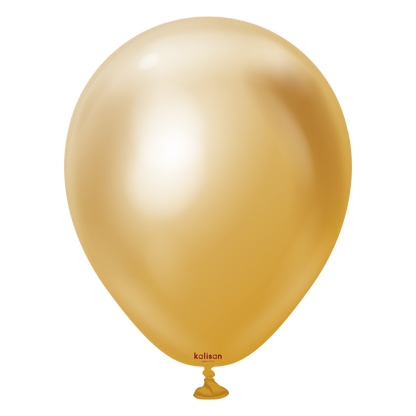 Shiny gold latex balloon with smooth surface and 5-inch round shape, tied at the bottom.
