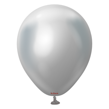 Silver latex balloon with a smooth, shiny surface and a rounded teardrop shape.