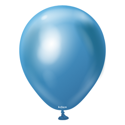 Glossy blue 5-inch round latex balloon with slight reflective shine and tied end.