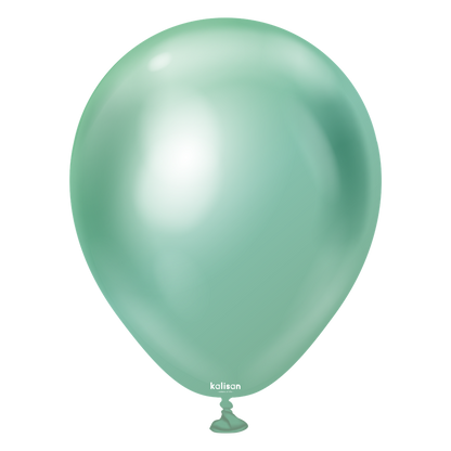 Shiny light green 5-inch latex balloon with a smooth, reflective surface and tied knot bottom.