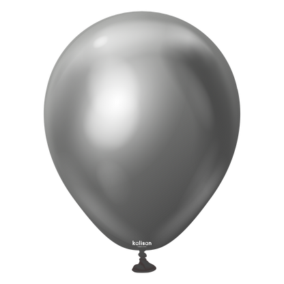 Glossy space grey 5-inch round balloon with reflective mirror finish and small black knot at base.